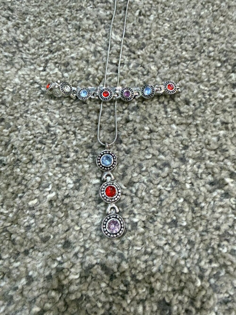Silver-Tone Snake Chain Necklace Bracelet Set Multicolor Birthstone Style